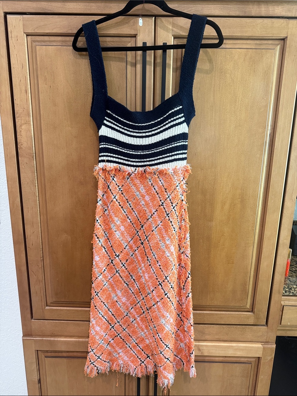 Marni Navy & Orange Striped Knit-Bodice Tweed Midi Dress
